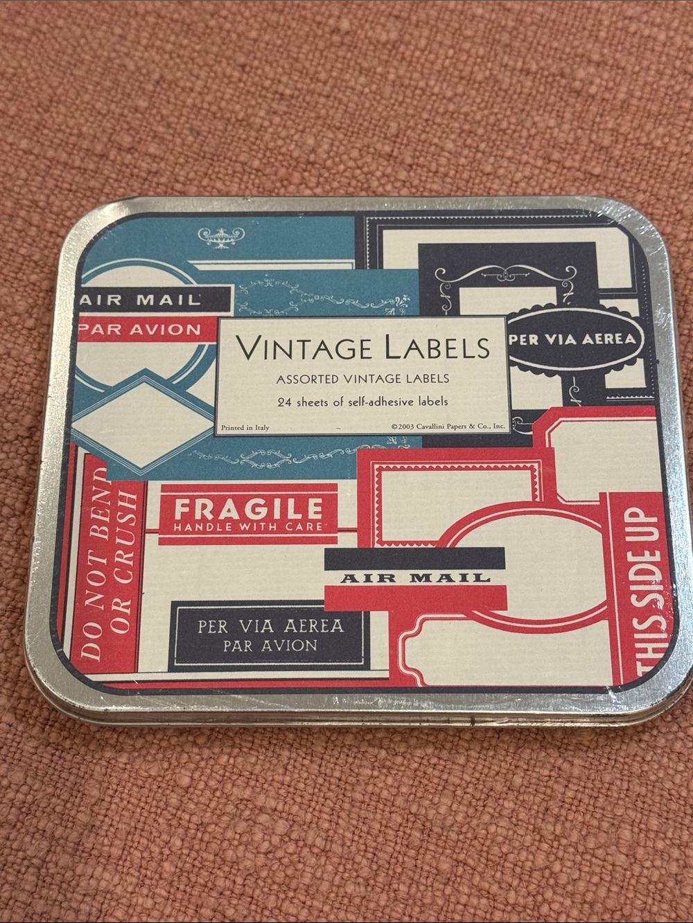 NWT Vintage air mail and fragile Labels Assorted Sticker Tin - made in Italy